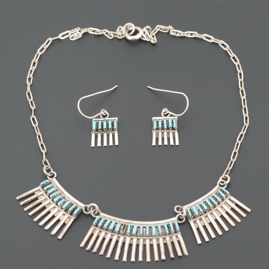 Southwestern Style Sterling Silver Turquoise Necklace and Earrings Set