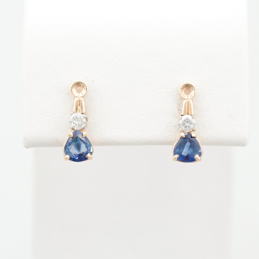 14K Yellow Gold Blue Sapphire and Diamond Earring Jackets