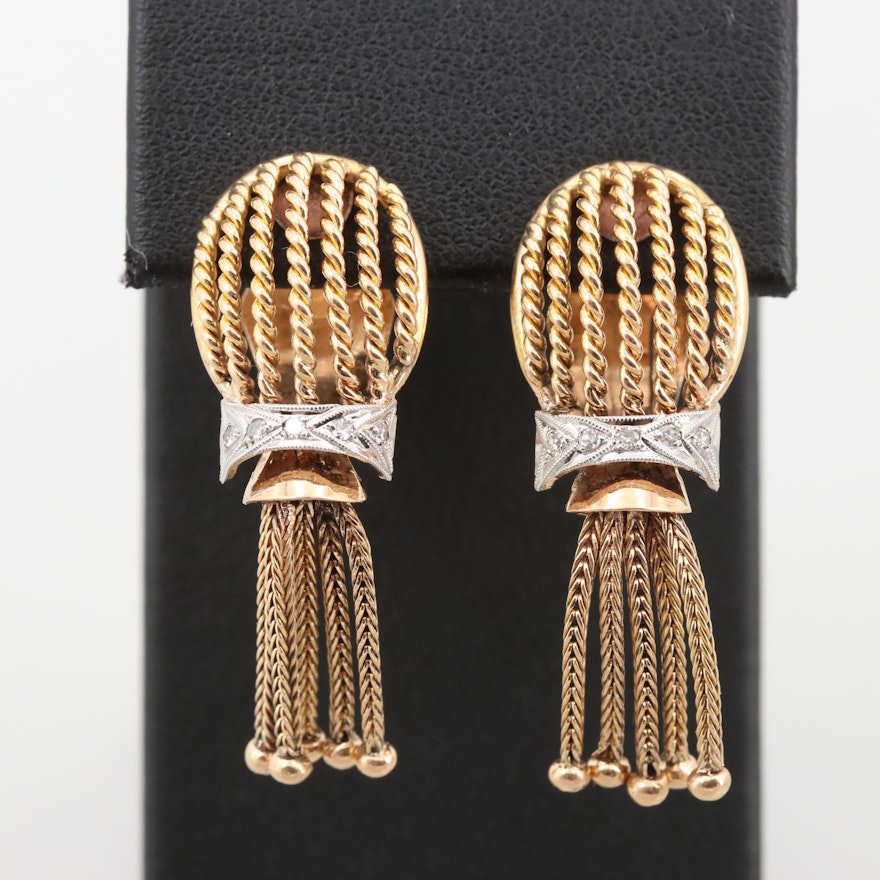 Circa 1930s 18K Gold Diamond Domed Fringe Earrings with Platinum Accents