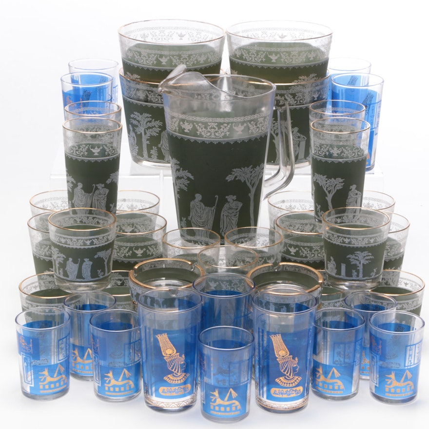 Jeannette Glass "Hellenic" Tableware and Neo-Egyptian Tumblers, Mid-Century