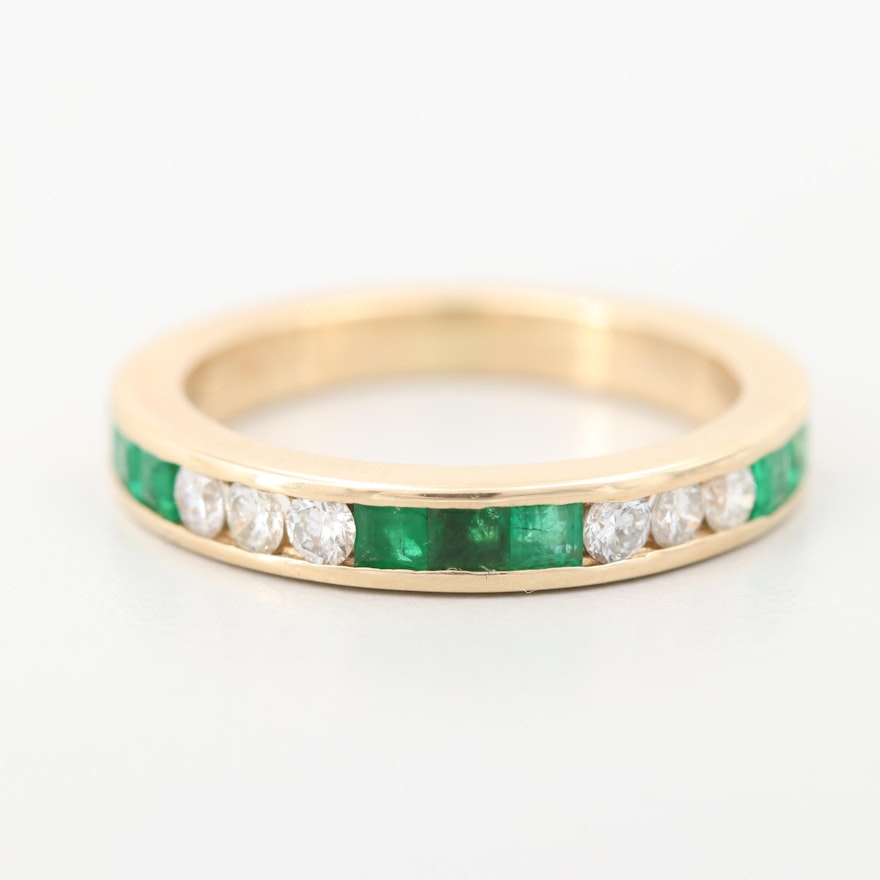 14K Yellow Gold Emerald and Diamond Ring in Channel Setting