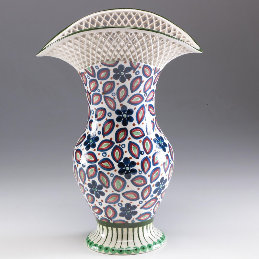 Dutch Bauernmalerei Reticulated Creamware Vase, Late 19th/Early 20th Century