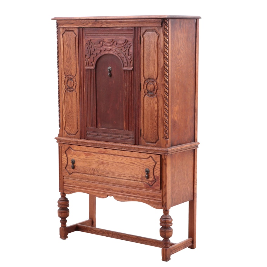 Tudor Style Oak China Cabinet, Circa 1920s