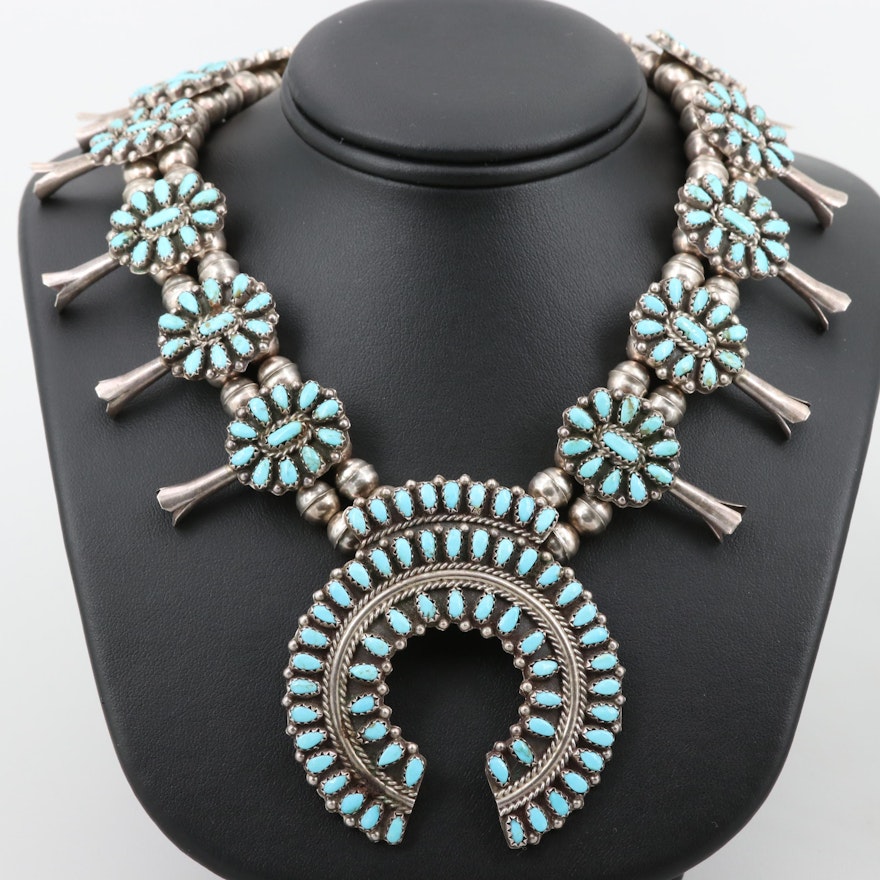 Benjamin James Navajo Diné Sterling Turquoise Squash Blossom Necklace