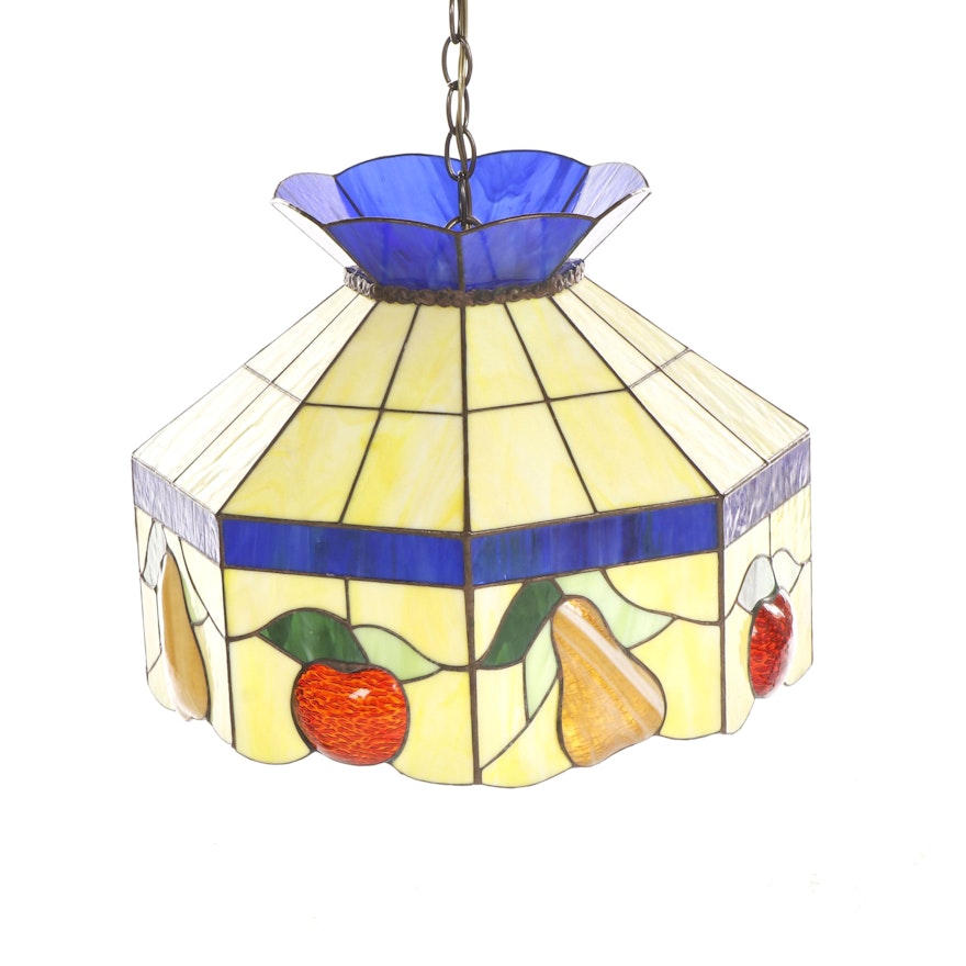 Leviton Slag and Stained Glass Ceiling Pendant Light with Fruit Motif