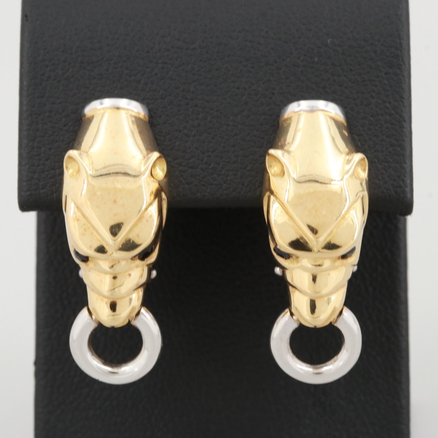 18K Yellow Gold Blue Sapphire Dog Head Earrings with 18K White Gold Accents