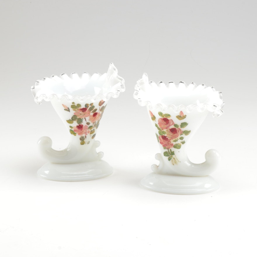 Fenton Silvercrest Hand-Painted Cornucopia Vases, Pair