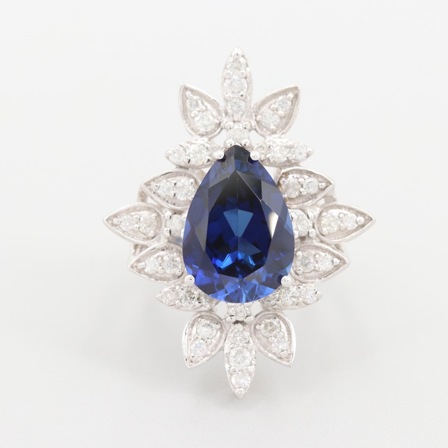 18K White Gold Synthetic Sapphire and Diamond Ring