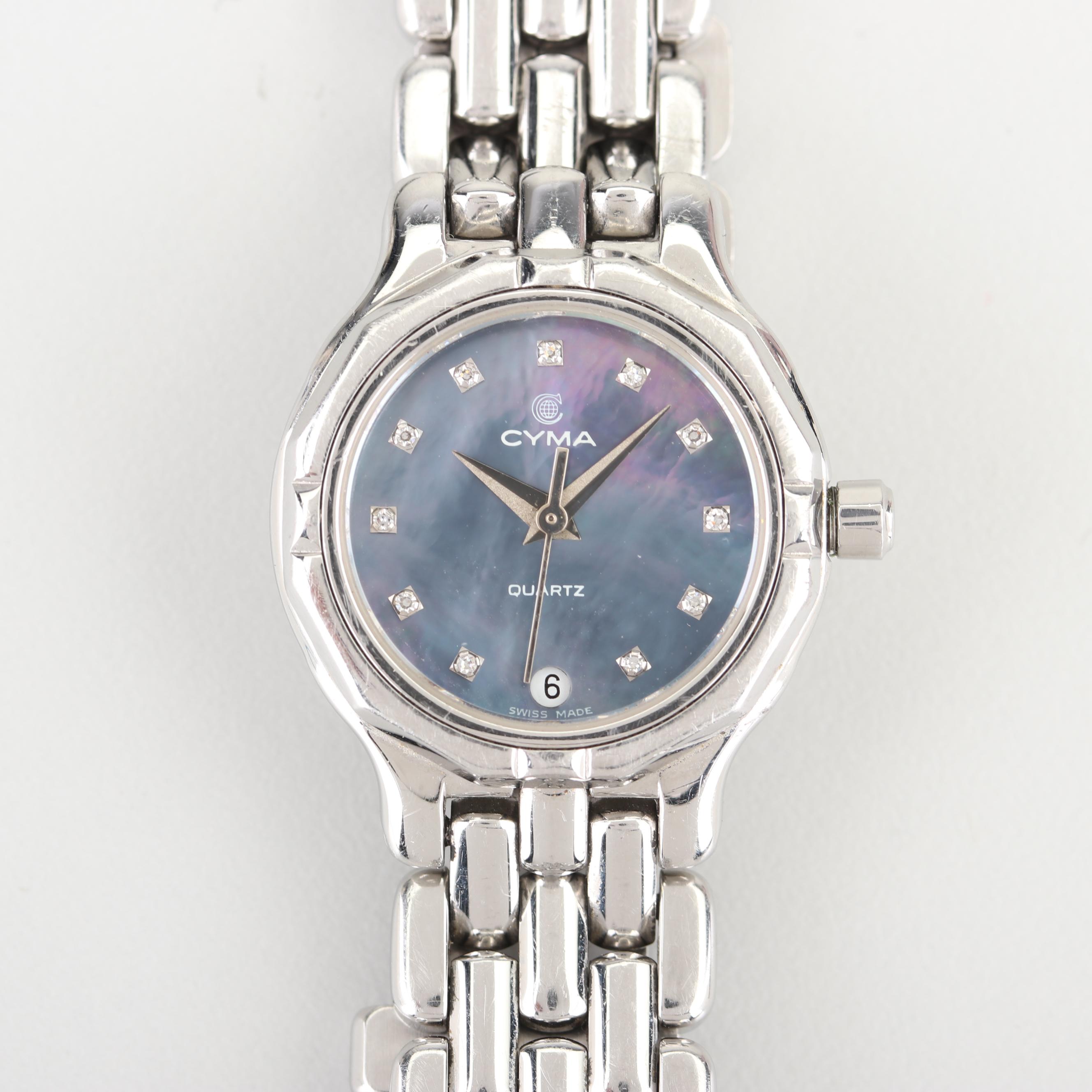 Cyma Stainless Steel Watch with Diamond and Mother of Pearl Dial