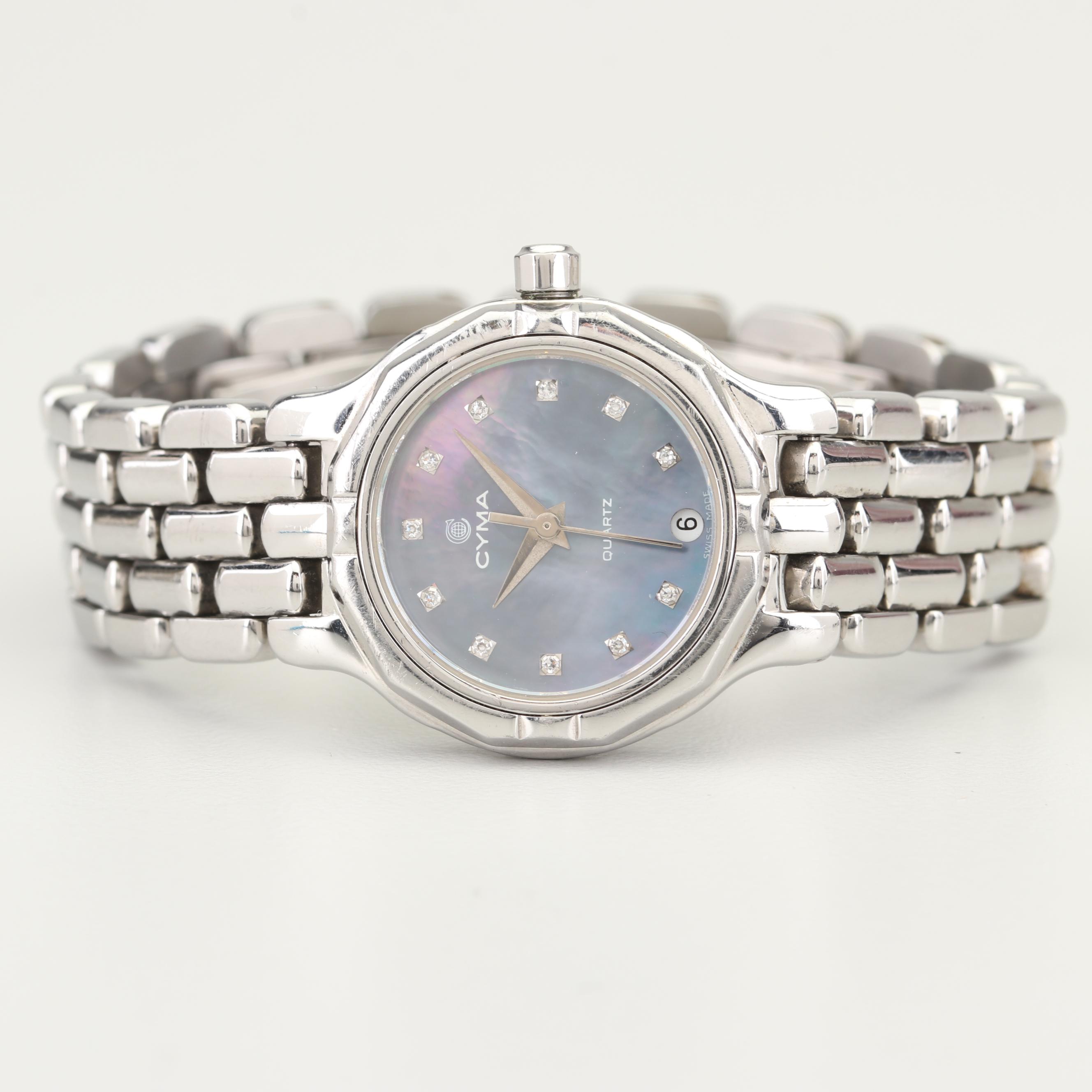 Cyma Stainless Steel Watch with Diamond and Mother of Pearl Dial