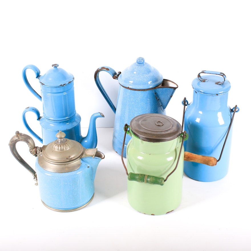 Blue Enamelware Teapots and Canisters