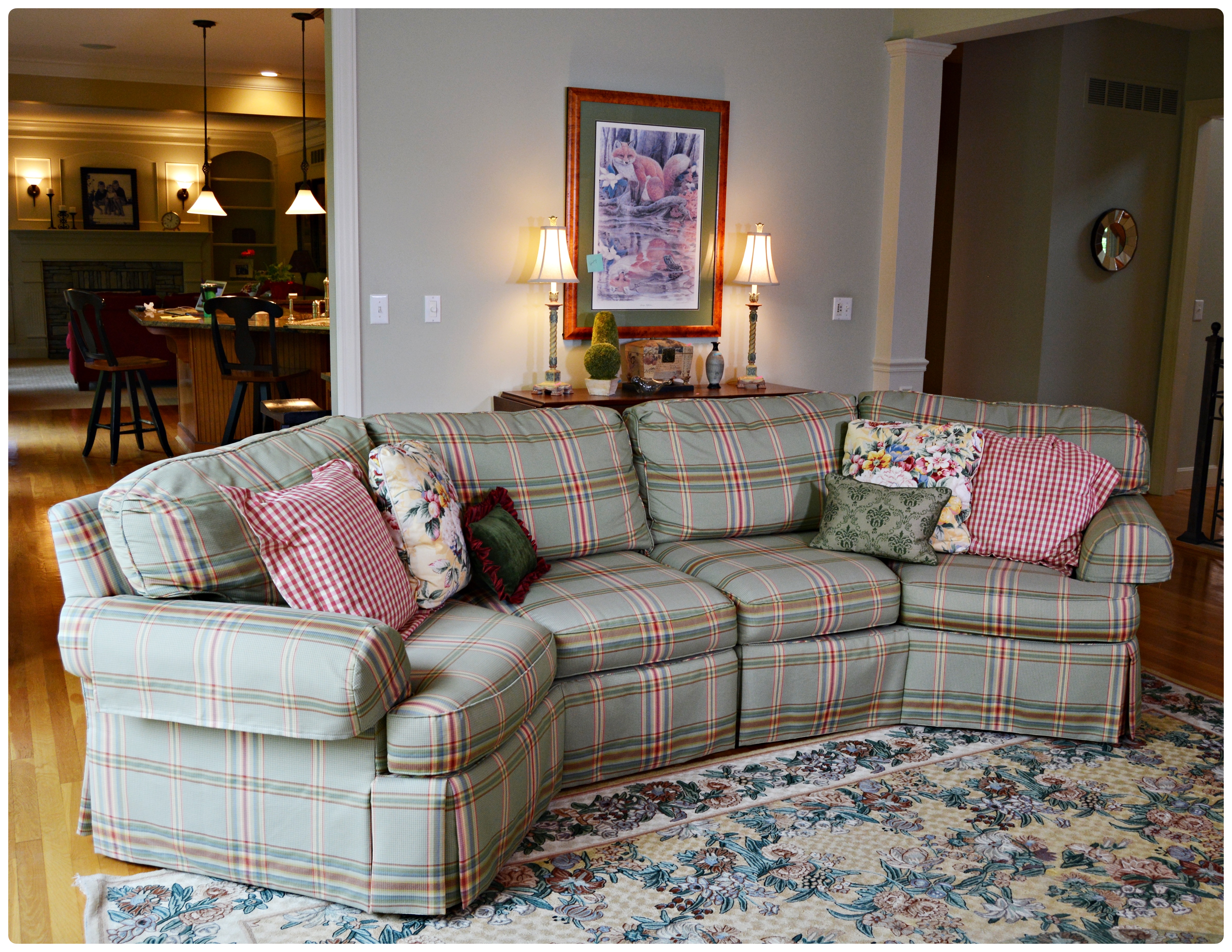 Sherrill Plaid Two-Angled Sectional Sofa, Contemporary