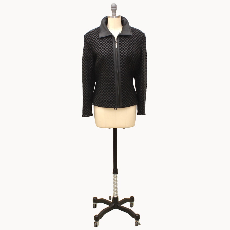 St. John Coat Collection Black Leather Checkerboard Zipper-Front Jacket