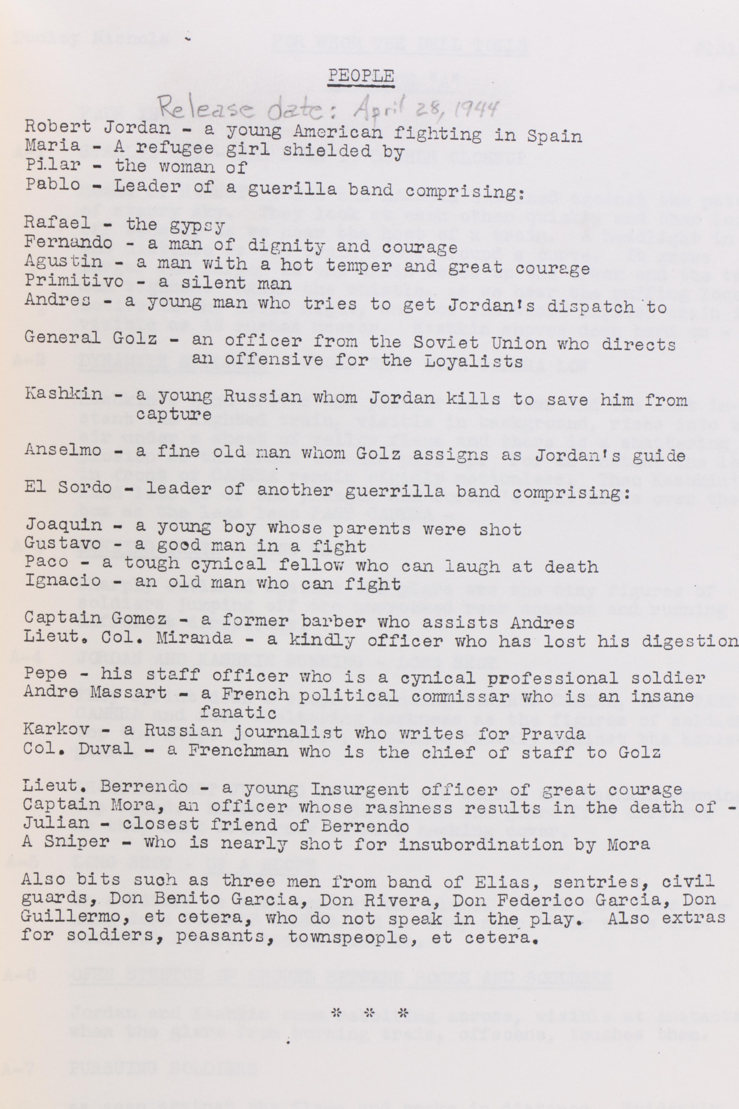 Hemingway's "For Whom the Bell Tolls" Screenplay by Dudley Nichols