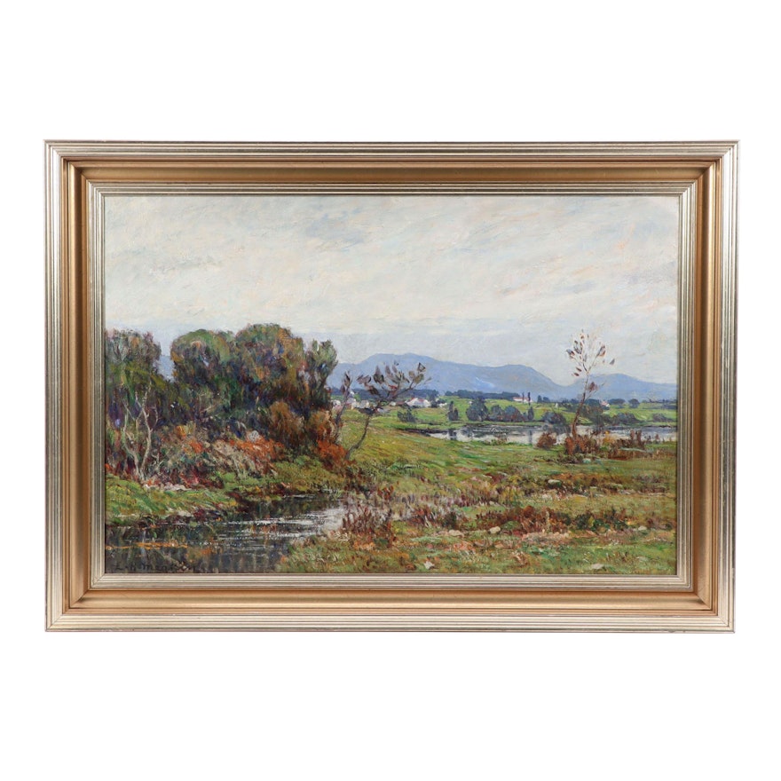 Lewis Henry Meakin Oil Painting of Landscape with Distant Town