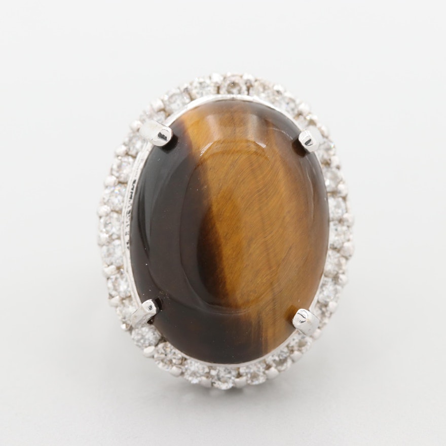 14K White Gold Tiger's Eye and Diamond Ring