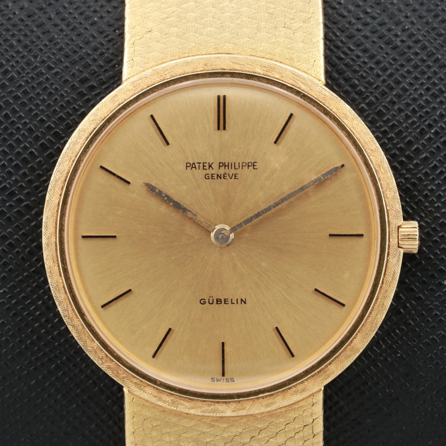 Vintage Patek Philippe Calatrava 18K Gold Stem Wind Wristwatch With Gubelin Dial