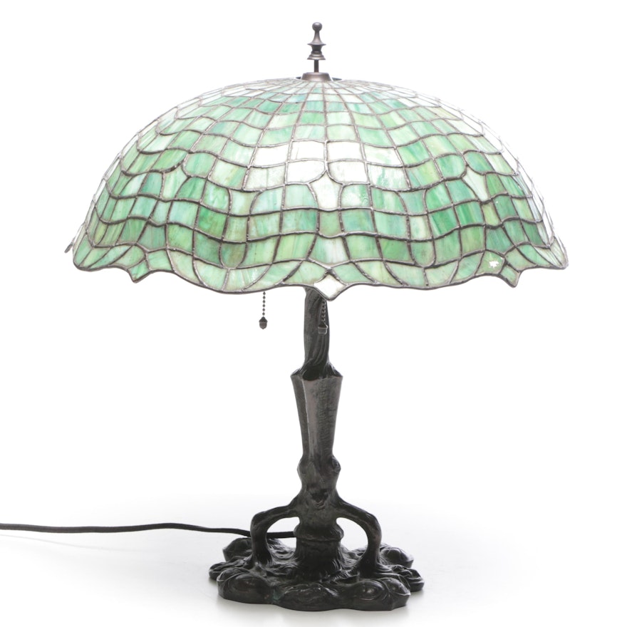 Cast Metal Art Nouveau Table Lamp with Leaded Glass Shade