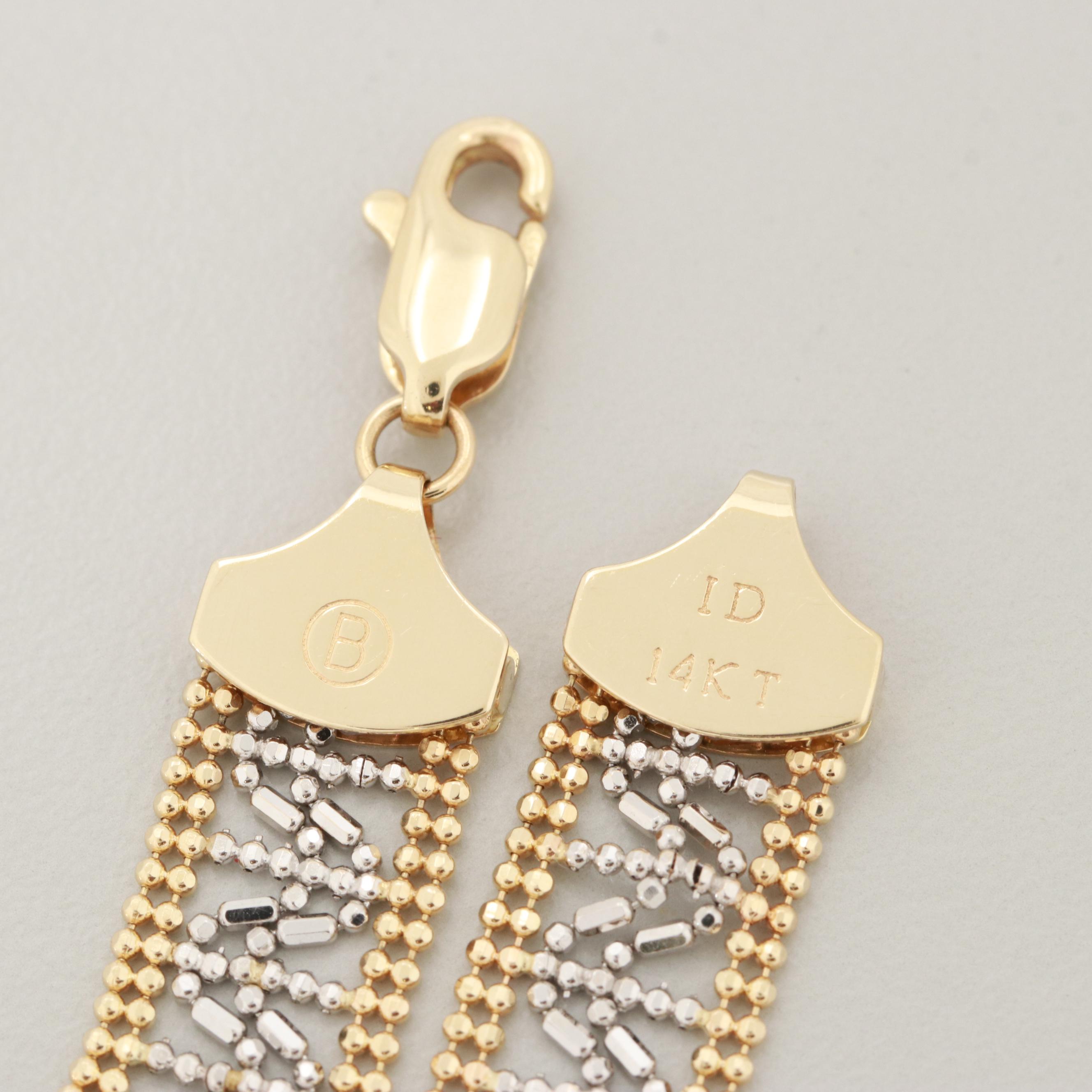 14K Yellow and White Gold Fancy Bead Link Bracelet