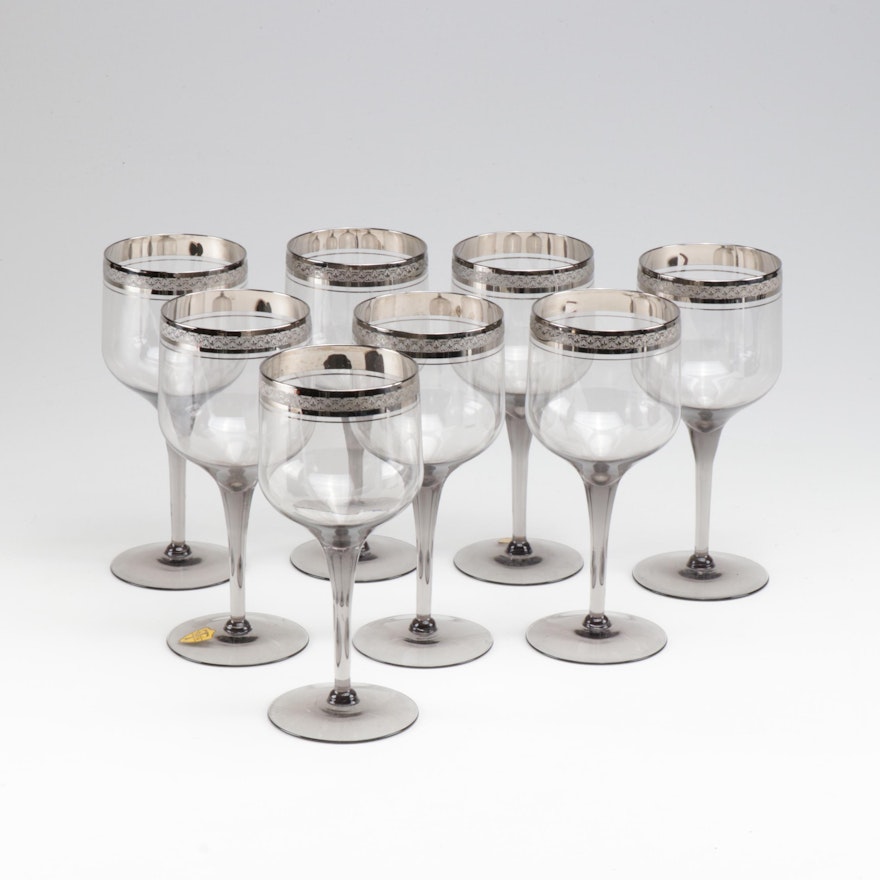 Tiffin Smoked Glass Stems with Silver Embossed Rim
