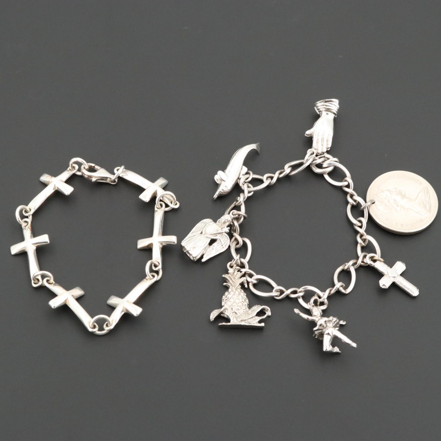 Sterling Cross and Charm Bracelets Including 1966 Bahama Islands 25 Cent Coin