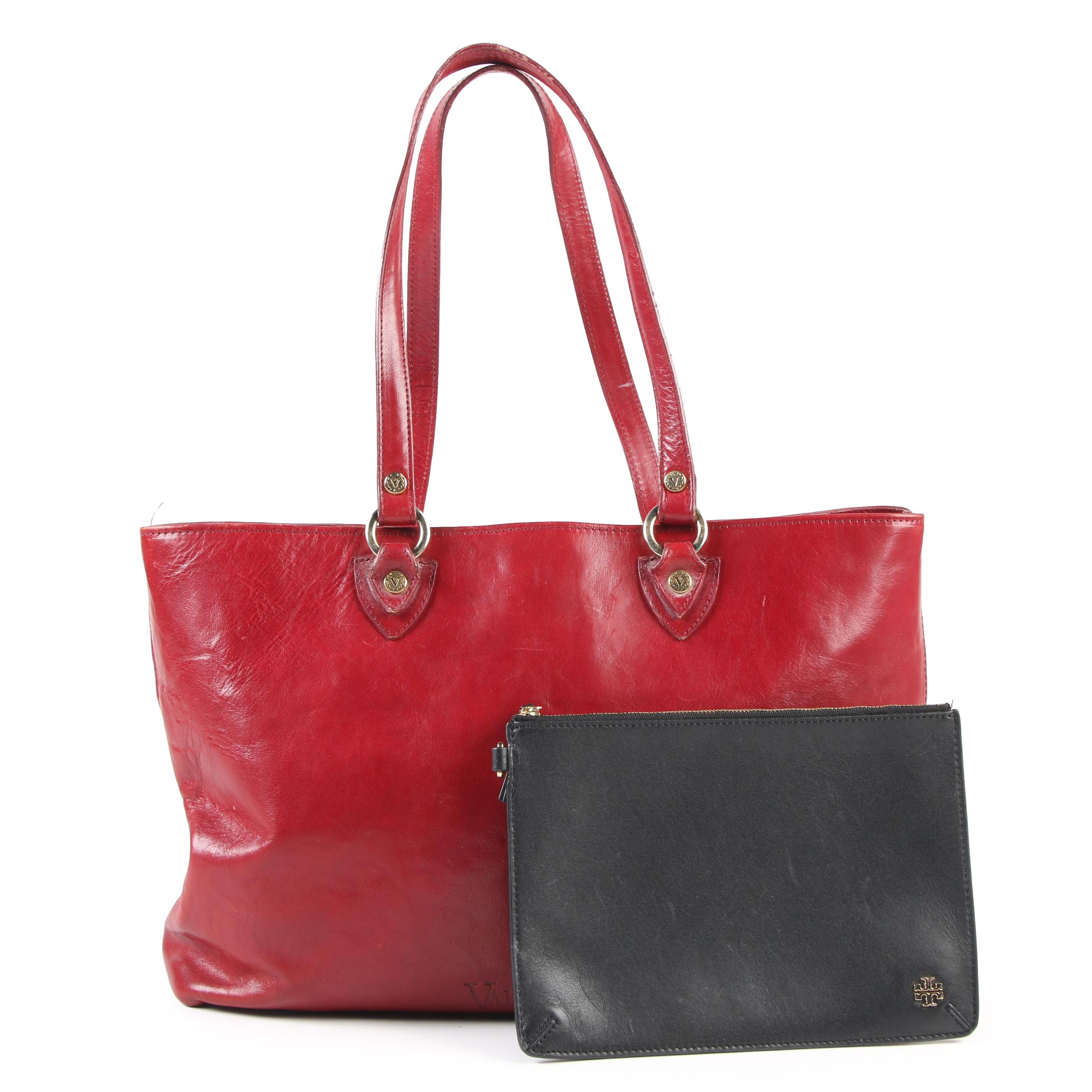 Valentina Red Leather Tote with Tory Burch Black Leather Zipper Pouch