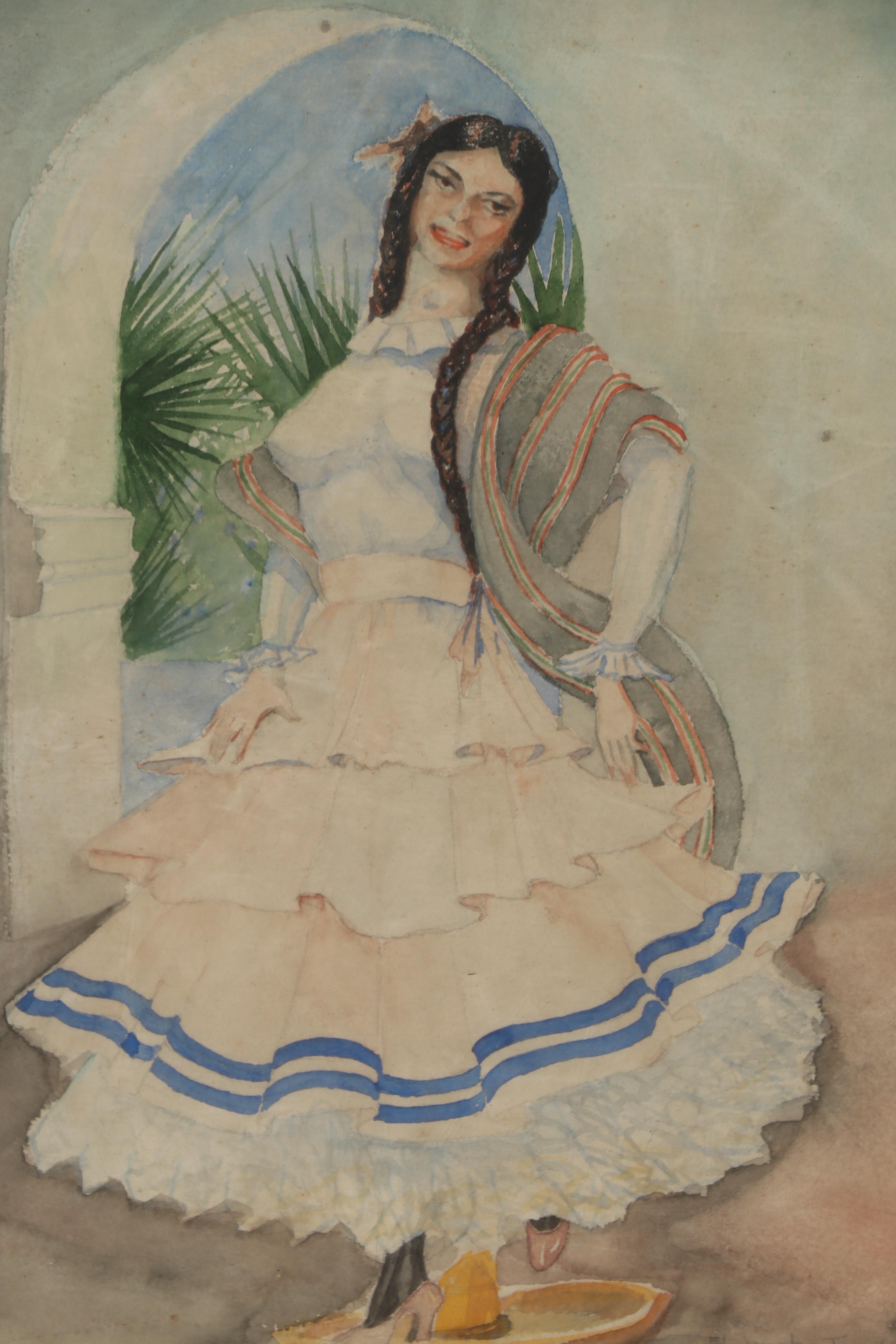 Late 20th Century Watercolor Painting "Jarabe Tapatío"