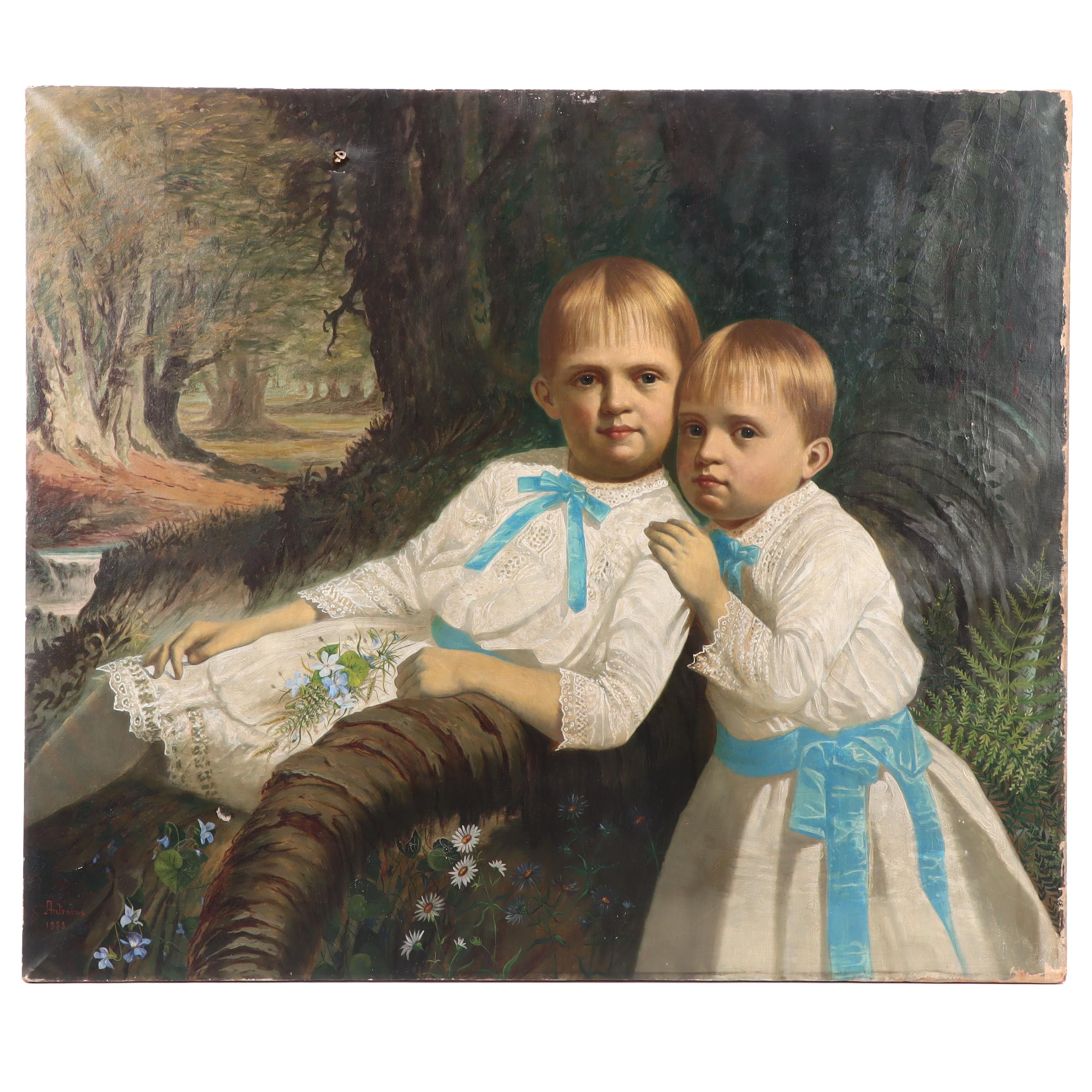 John Antrobus 1885 Children's Double Portrait Oil Painting