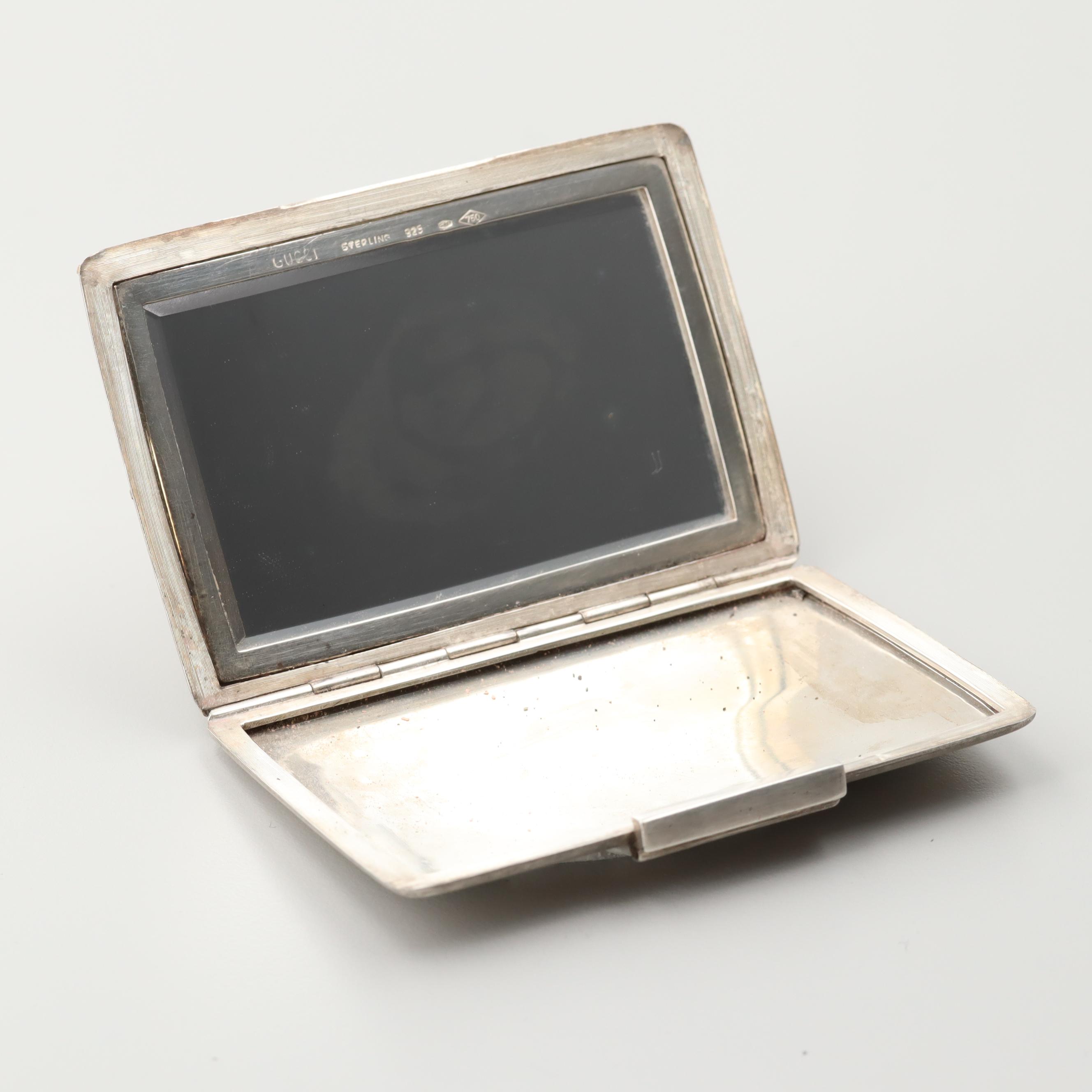 Vintage Gucci Sterling Silver Mirror Compact with 18K Yellow Gold Accent
