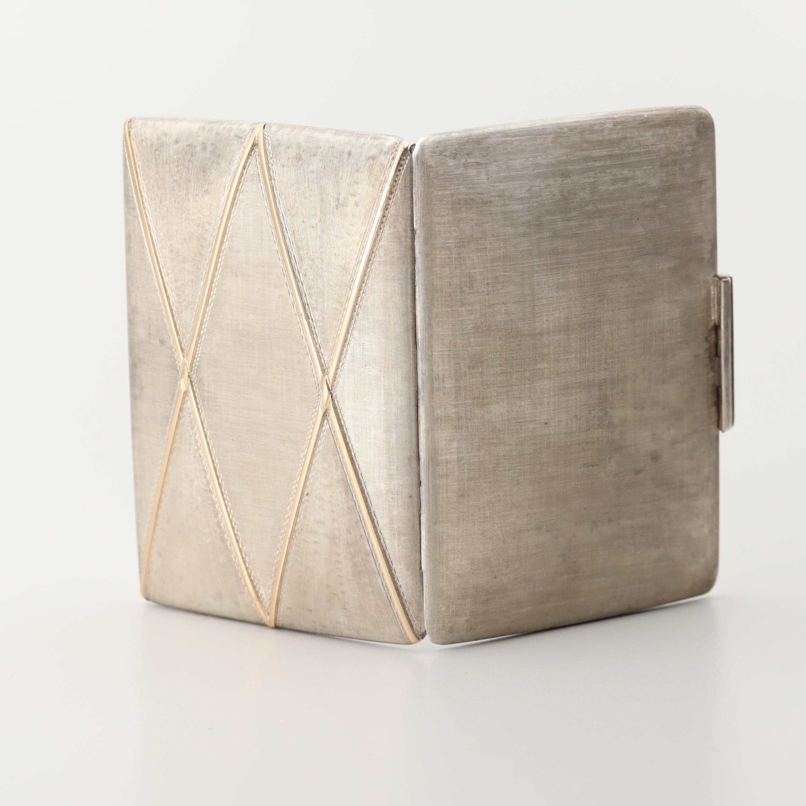 Vintage Gucci Sterling Silver Mirror Compact with 18K Yellow Gold Accent