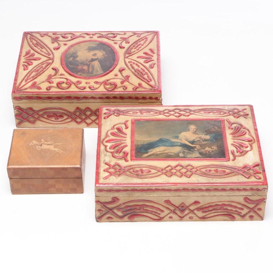 Decorated and Etched Wooden Cigar and Trinket Boxes, 20th Century