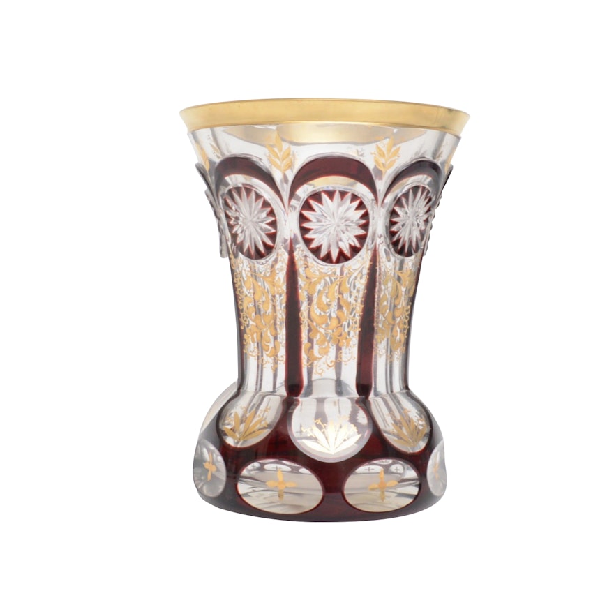 Bohemian Clear and Ruby Flashed Cut Crystal Vase with Gold Lustre