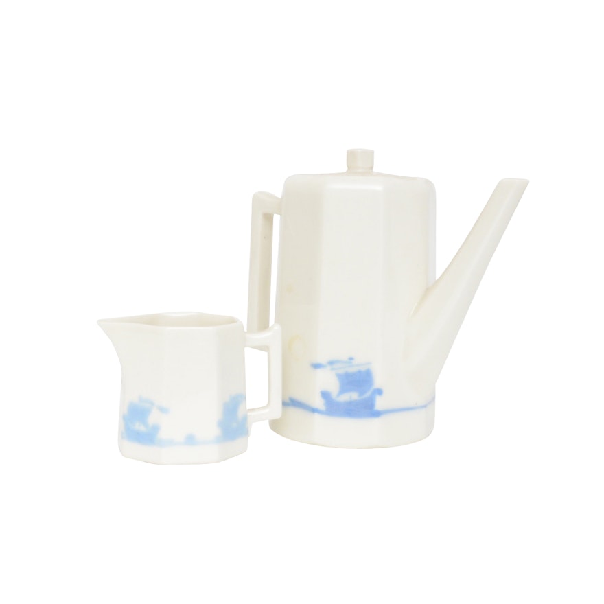 Rookwood Pottery "Blue Ship" Coffee Pot and Cream Jug