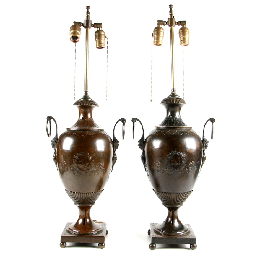 Commemorative Napoleon III Era Tooled Bronze Urn Form Lamps, 19th Century
