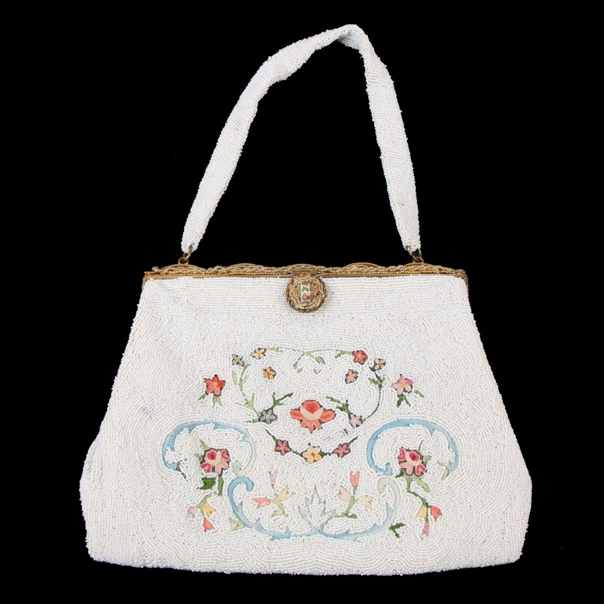 Odette Paris Microbead and Embroidered Evening Bag with Enamel Accent Frame