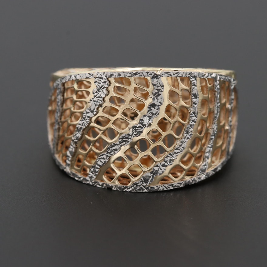 14K Yellow Gold Openwork Ring with Diamond Cut White Gold Accents