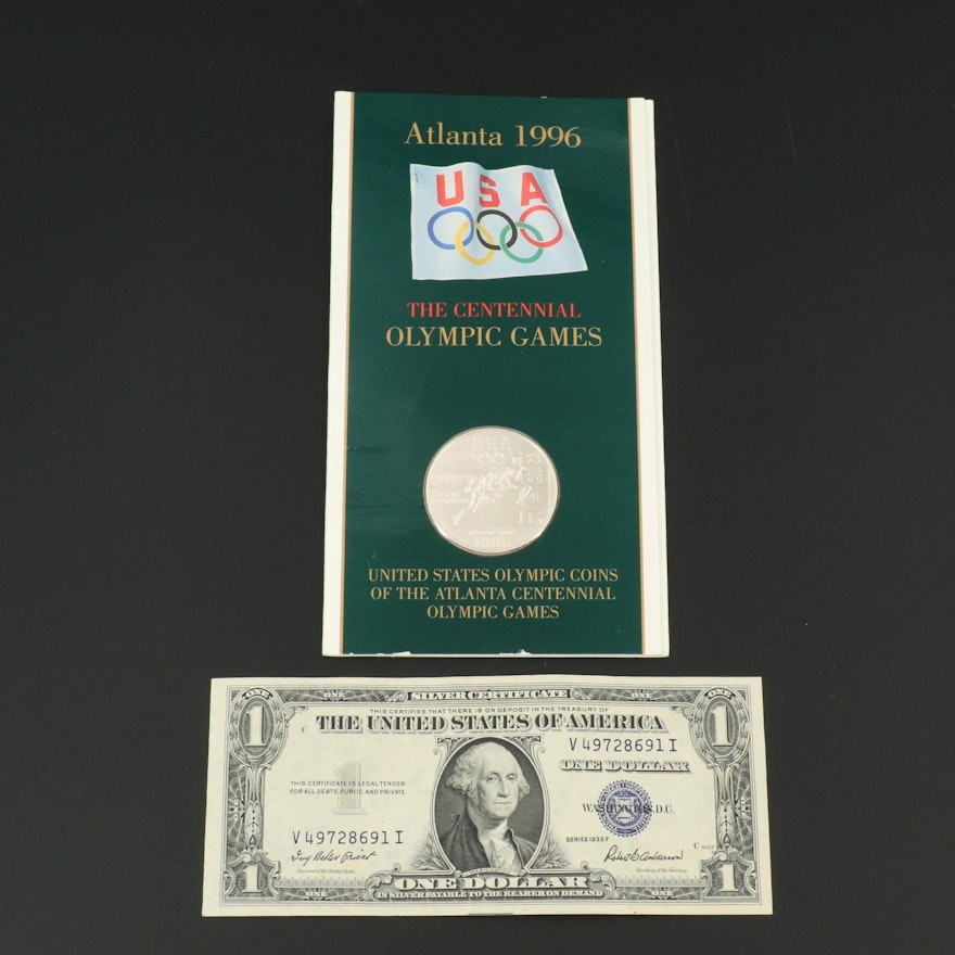 Series 1935-F $1 Silver Certificate and 1995 Olympic Commemorative Silver Dollar