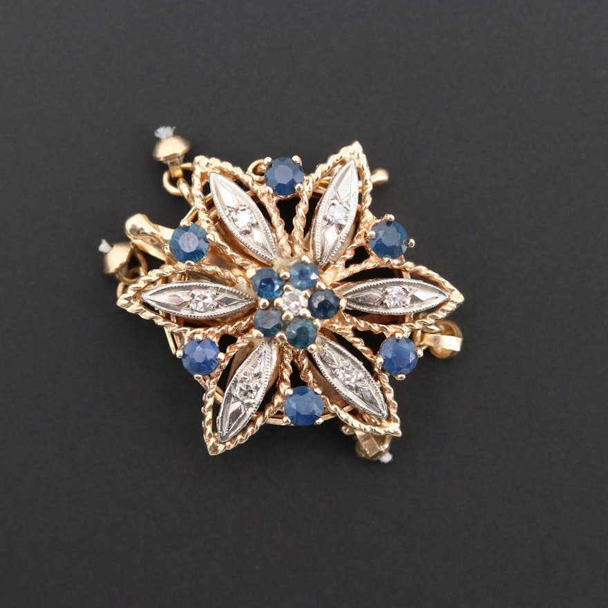 14K Yellow Gold Sapphire and Diamond Flower Clasp