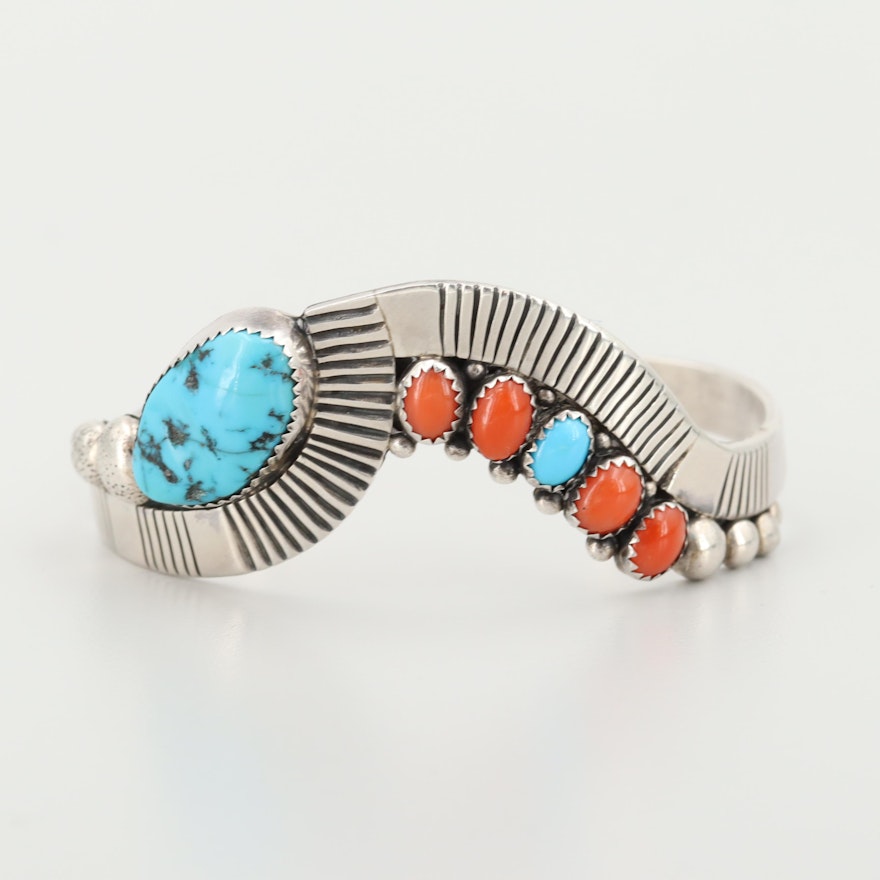 D.K. Lister Navajo Diné Sterling Silver Turquoise and Coral Cuff Bracelet