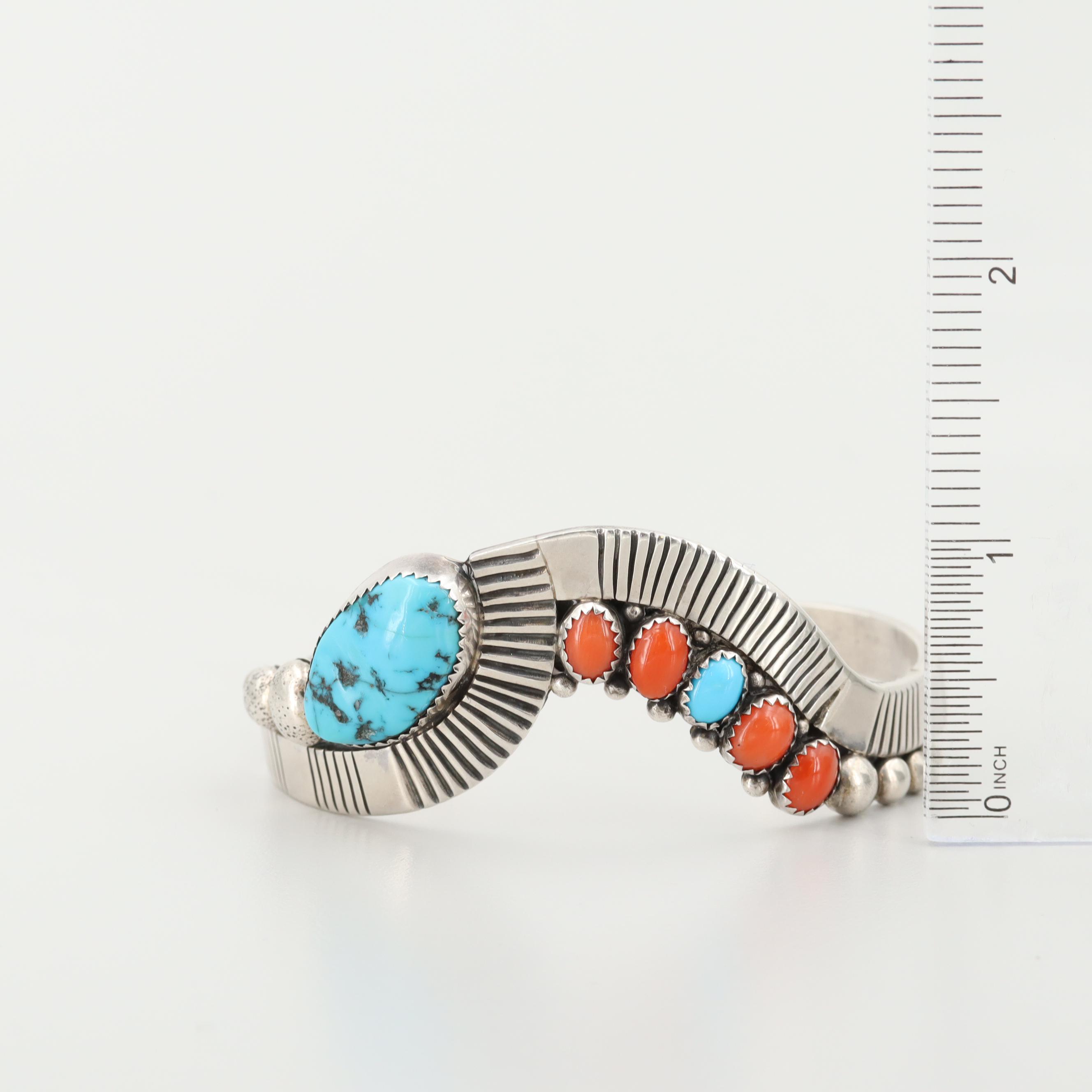 D.K. Lister Navajo Diné Sterling Silver Turquoise and Coral Cuff Bracelet