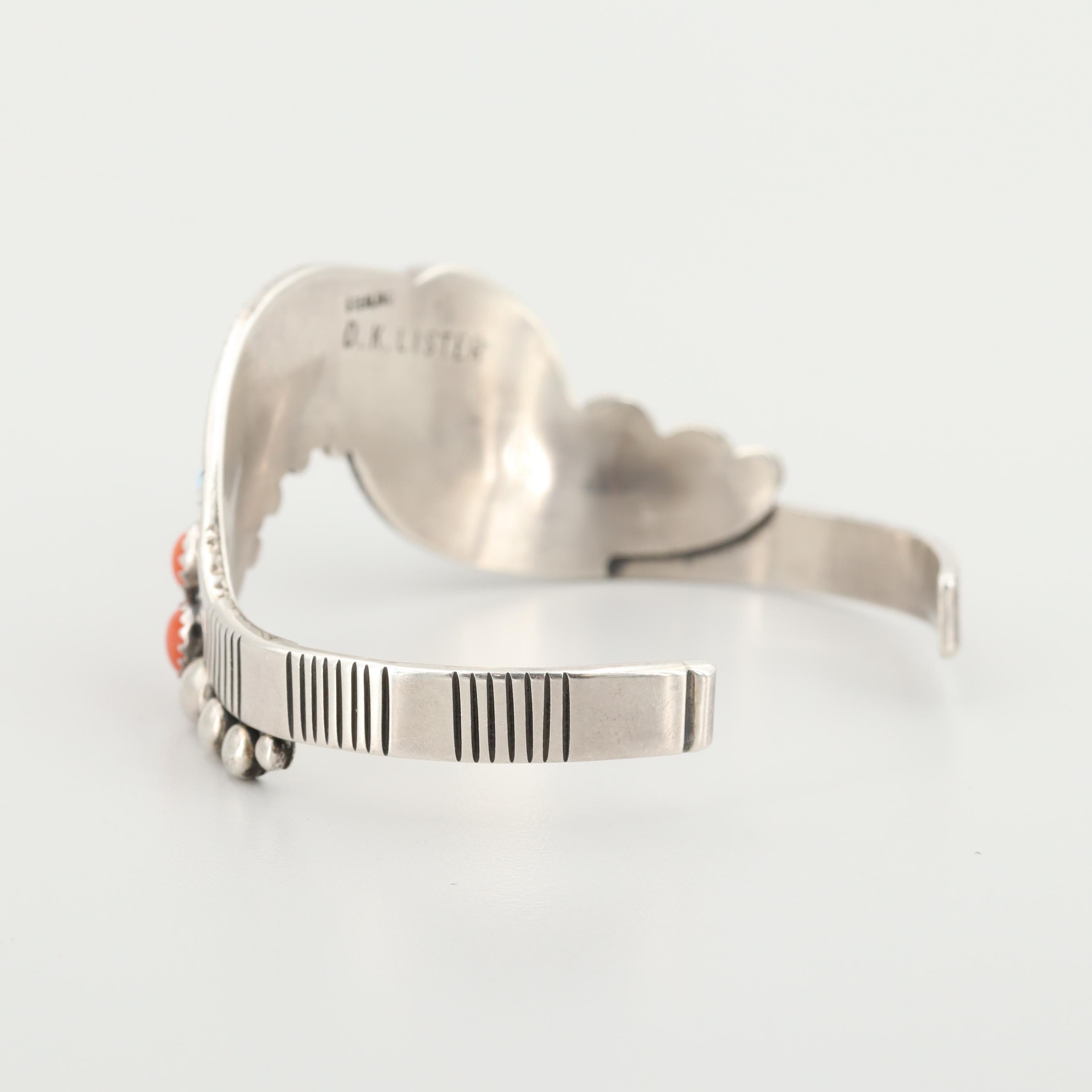 D.K. Lister Navajo Diné Sterling Silver Turquoise and Coral Cuff Bracelet