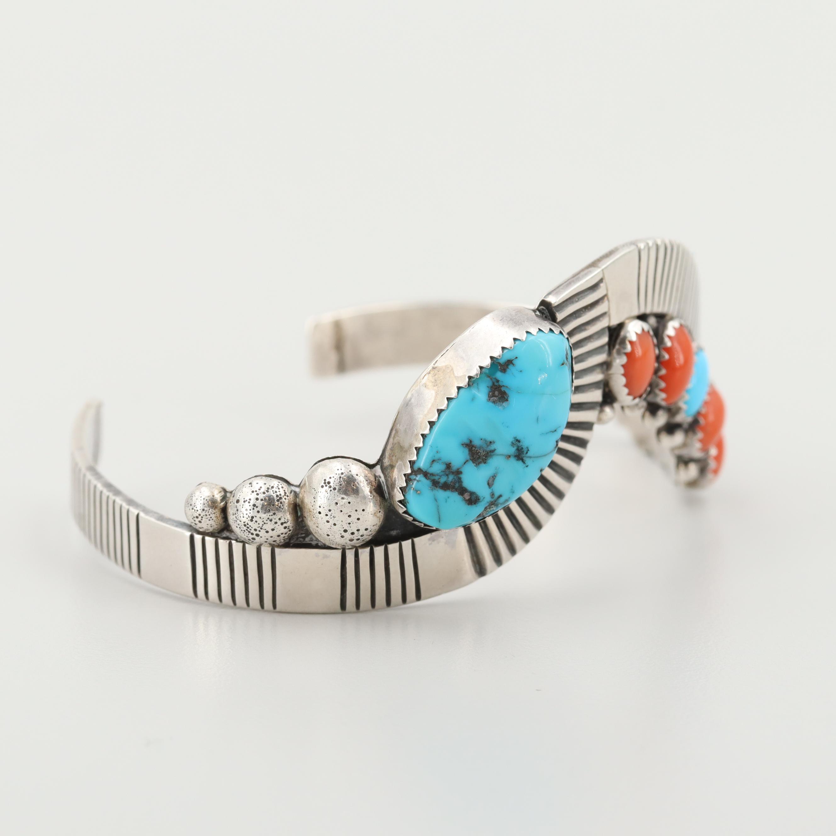 D.K. Lister Navajo Diné Sterling Silver Turquoise and Coral Cuff Bracelet