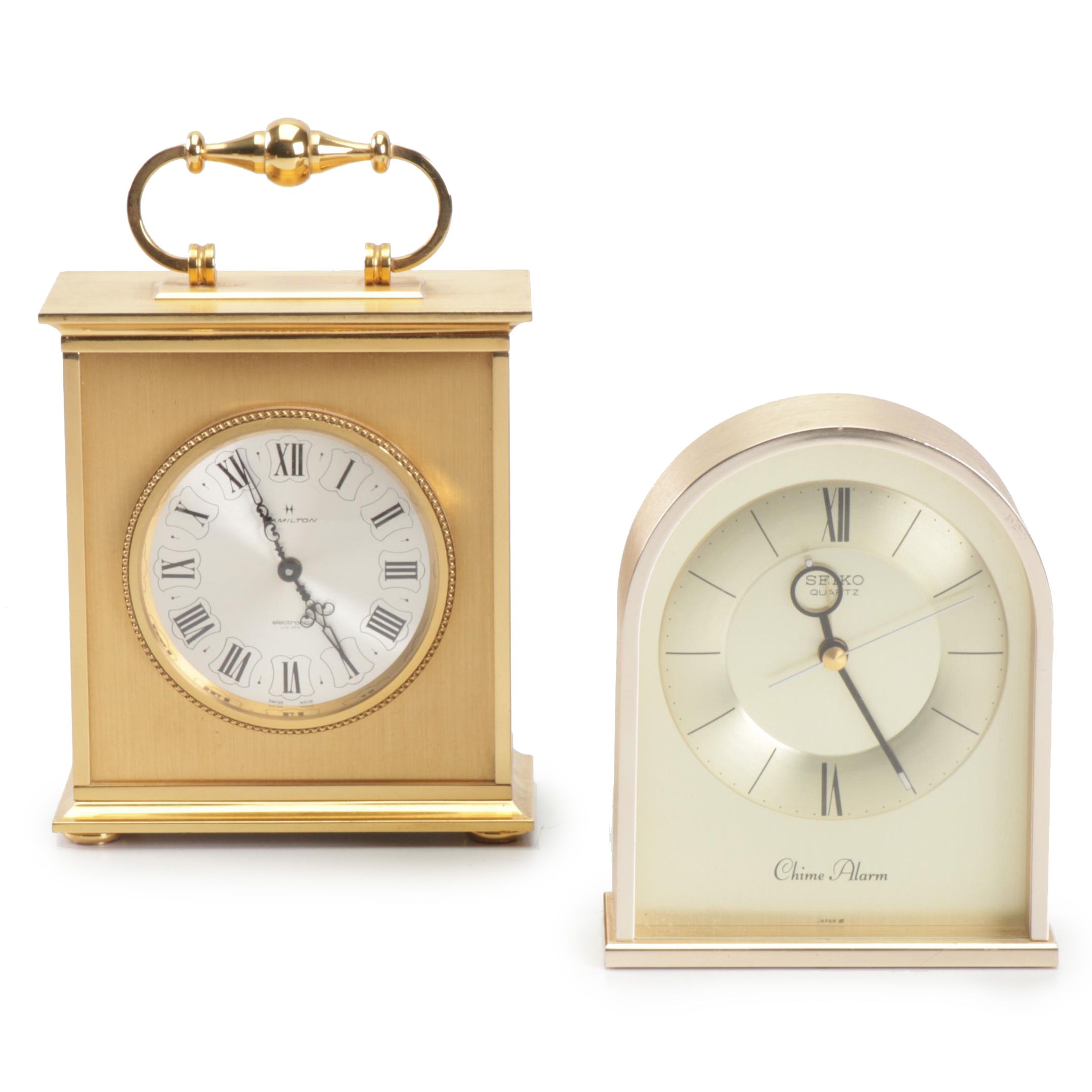 Contemporary Hamilton Swiss Made Carriage Clock and Seiko Chime Alarm Clock