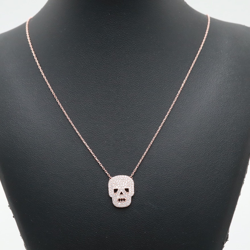 Rose Gold Wash on Sterling Silver Cubic Zirconia Adjustable Skull Necklace