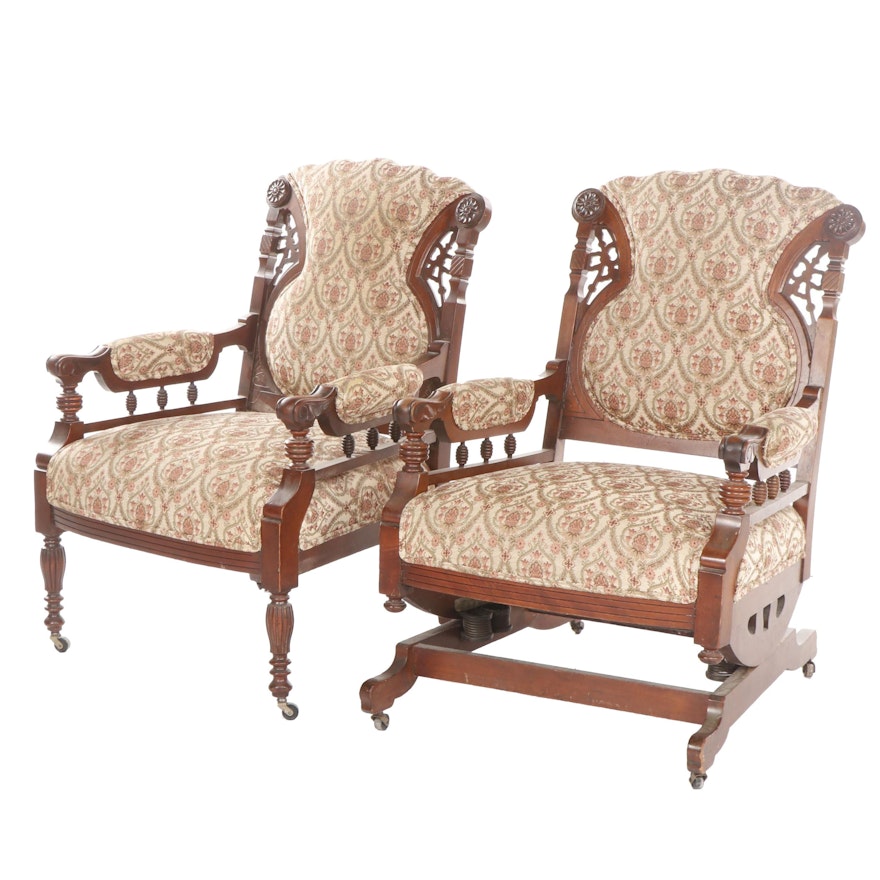 Late Victorian, Eastlake Style Carved Walnut Rocking Chair and Armchair