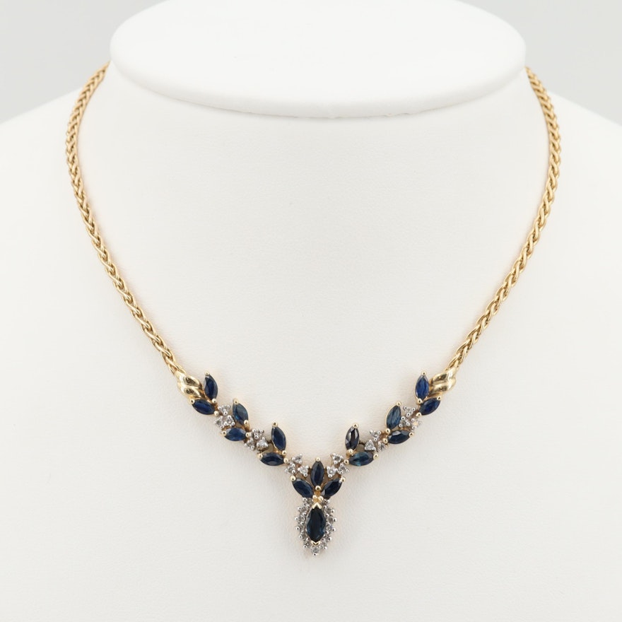 14K Yellow Gold Blue Sapphire and Diamond Chevron Necklace