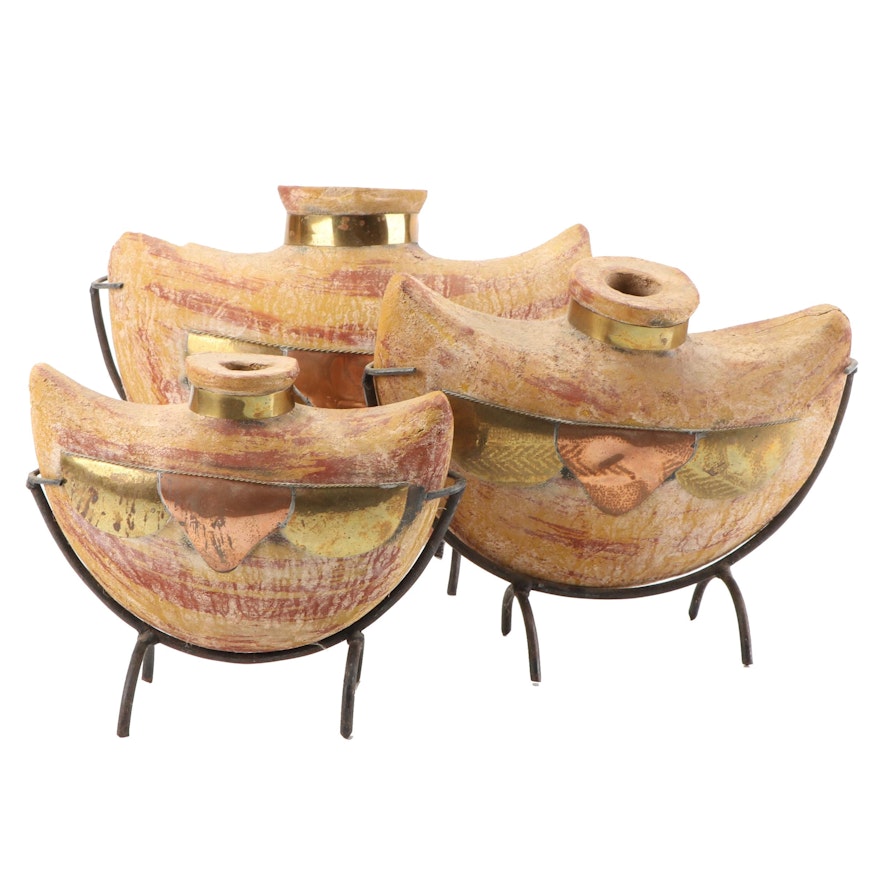 Earthenware Vases With Inlay Copper and Brass Plates on Stands, Contemporary