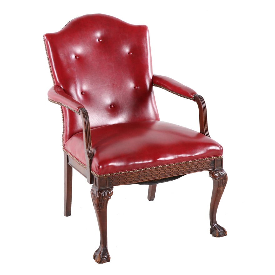 Chippendale Style Mahogany-Finish Wooden Armchair With Tufted Back, 1970s