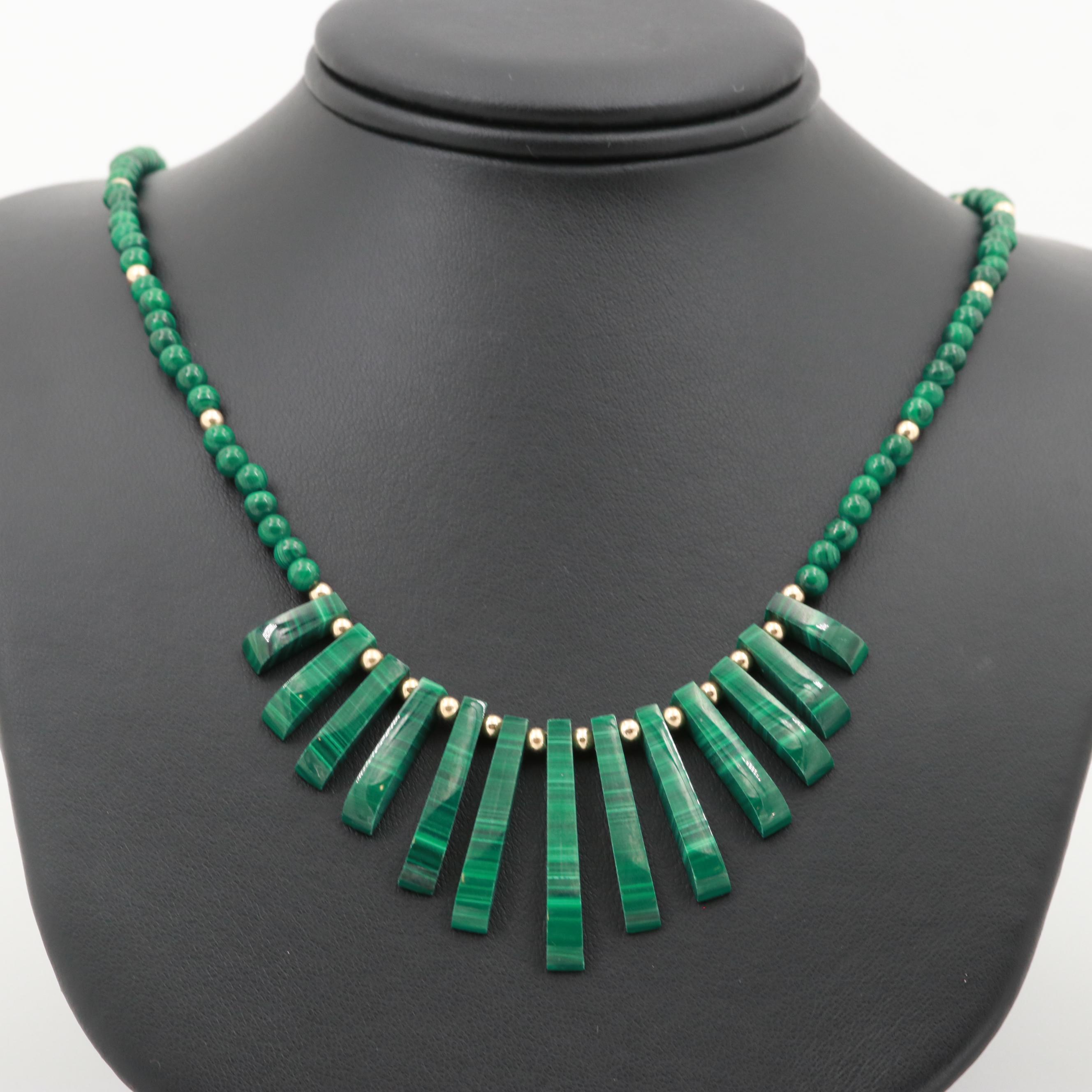 14K Yellow Gold Malachite Bib Necklace