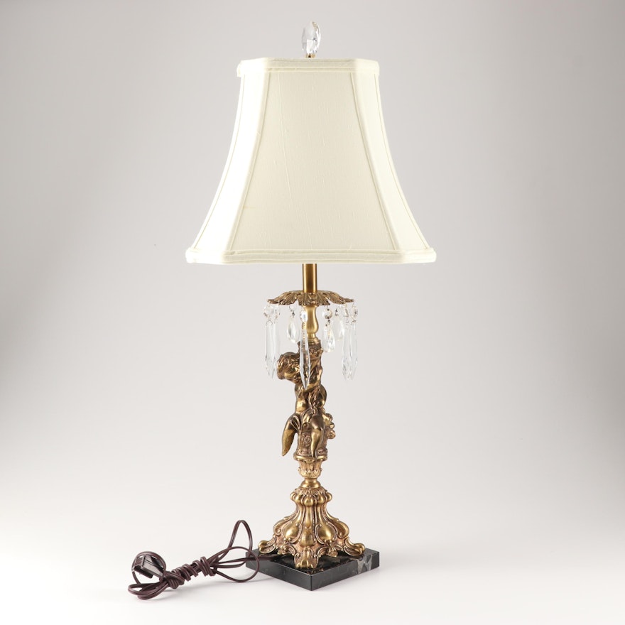 Vintage Brass Cherub with Crystal Cut Prisms and Marble Base Table Lamp